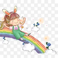 可爱卡通彩虹上的小女孩