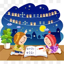 卡通小学生做作业的夜晚