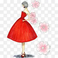 手绘红裙子模特花朵