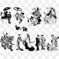 手绘黑白日本传统人物图像矢量图