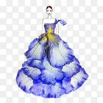 蓝色花瓣长裙设计