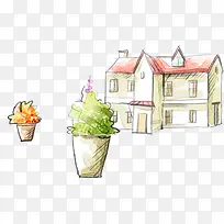 小楼房和盆栽植物