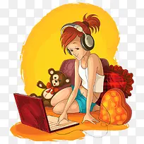卡通少女听歌玩电脑