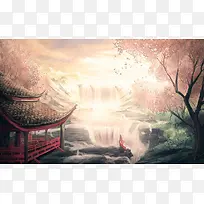 瀑布凉亭古风手绘