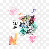 手绘 水彩 涂鸦 夏日 自行车