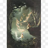 油画彩绘风格神话故事森林