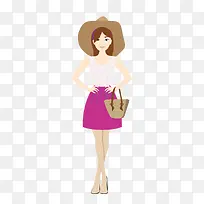 矢量卡通草帽短裙美女人物