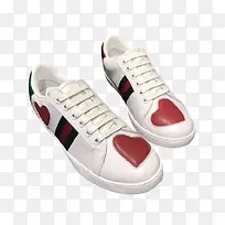 红心图案白色真皮运动鞋素材