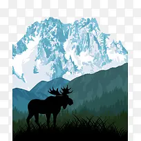 麋鹿剪影与雪山