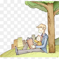 卡通树下看书的父子PNG