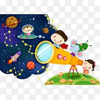 孩子用望远镜看星球