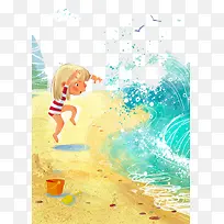 手绘女孩沙滩戏水