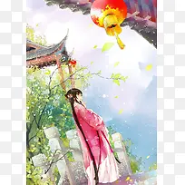古风唯美庭院插画