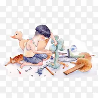 卡通水彩小男孩