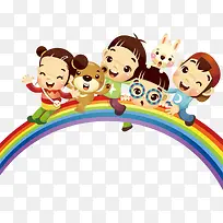彩虹上的卡通儿童