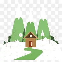 卡通冬季木屋风景矢量素材