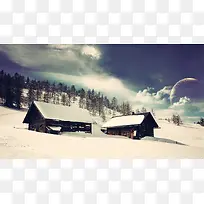 白色雪景里的小屋