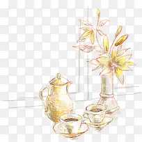 油画的花茶杯和茶壶