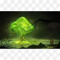 荧光绿梦幻大树麋鹿