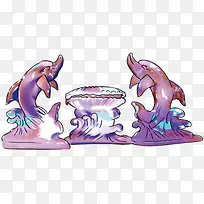 紫色手绘喷泉海豚