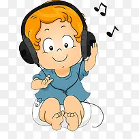 卡通版的幼儿戴着耳机在听音乐