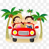 卡通汽车和椰树