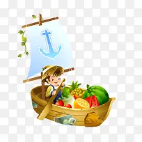 卡通矢量彩色小船男孩划船水果