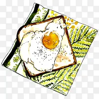 手绘放在餐布上的吐司煎蛋