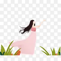 卡通手绘春游的女孩插画免抠