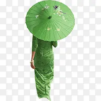 绿色旗袍撑伞美女背影