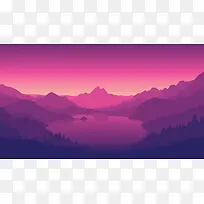 紫色山峦湖泊海报背景手绘