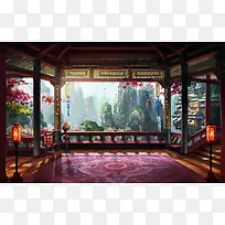 中国风凉亭山峰插画
