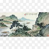 中国风中国画山下河流