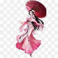红袍持扇少女手绘