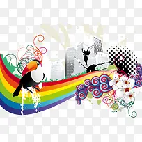 城市剪影与花纹装饰矢量图