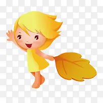 黄色衣服拿着黄色树叶的小女孩
