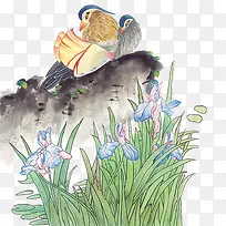 古风彩绘绿草山石鸳鸯