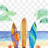 沙滩上的彩色冲浪板矢量图