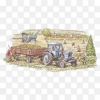 手绘插图农地机械耕种