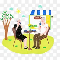 可爱插图露天咖啡厅喝咖啡的老人