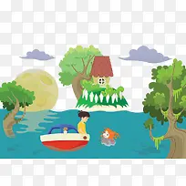 湖上划船小人图案
