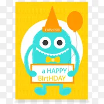卡通蓝色怪兽生日贺卡矢量素材