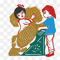 剪纸装饰插图劳作的农村妇女