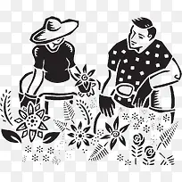 黑白版画风格摘花插图