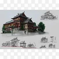 古典传统建筑手绘插画
