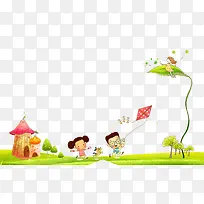 可爱卡通草地儿童放风筝