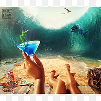 沙滩饮品蓝色海水