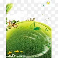 绿色草地情侣骑自行车装饰背景