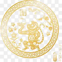 黄色中国风镂空窗子猴子花纹剪纸