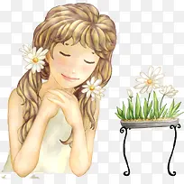 手绘白色花朵植物发饰女孩漫画